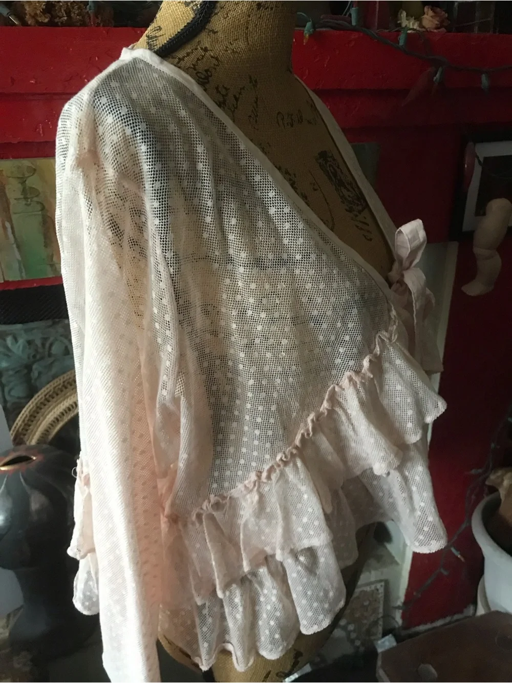 Heart’s Desire by Mary Grace Sheer Blush Pink Ruffled Tie-Front top - Picture 3 of 14